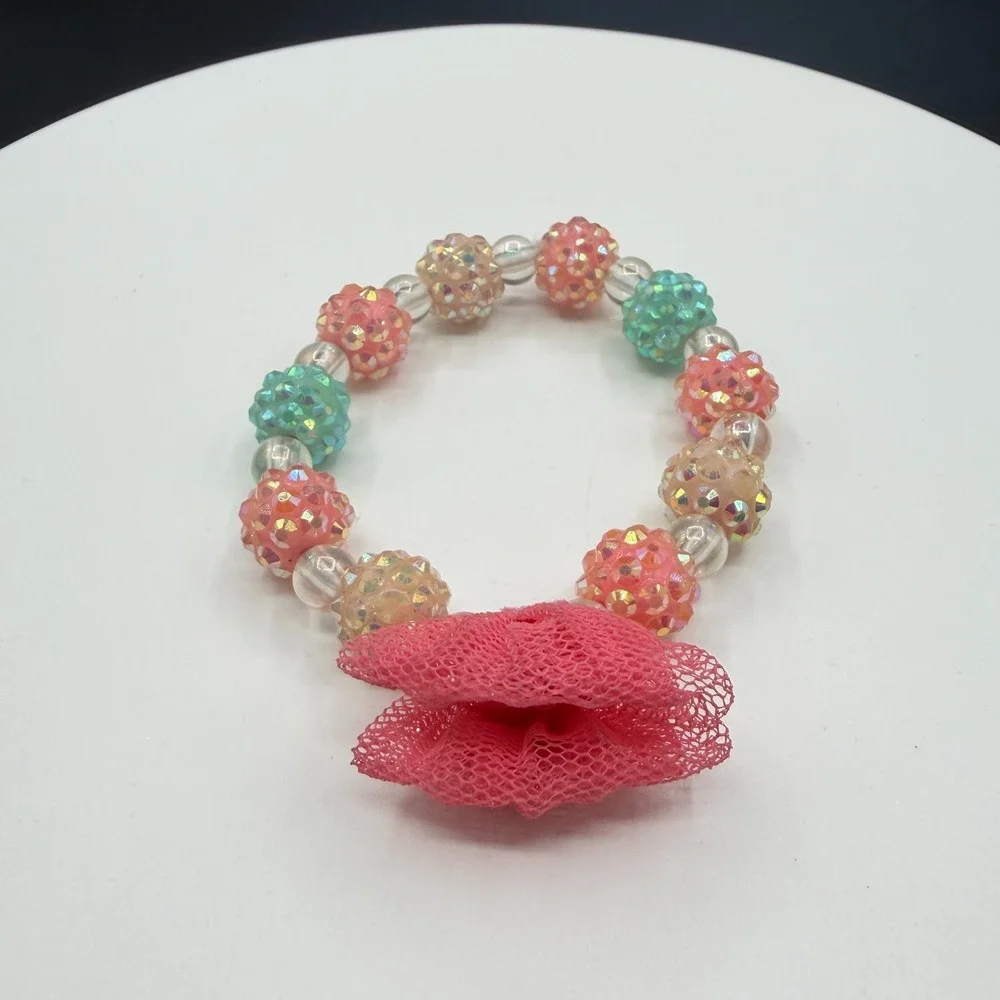 Girls Pink Flower Beaded Stretch Bracelet Sparkly Pastel Kids Gift Cute Floral